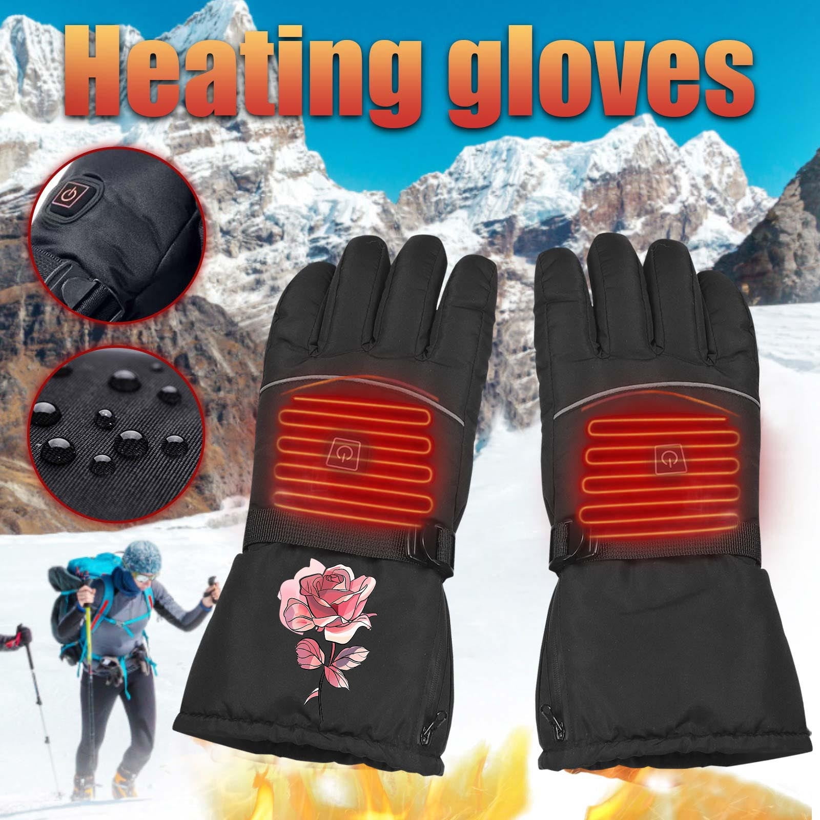 Xfvqtps Mens and Womens USB Heated Gloves 3Rd Gear Temperature Regulation Full Finger Adjustable Buckle Cute Print Waterproof Warm for Cold Weather Winter Skiing Mittens Black
