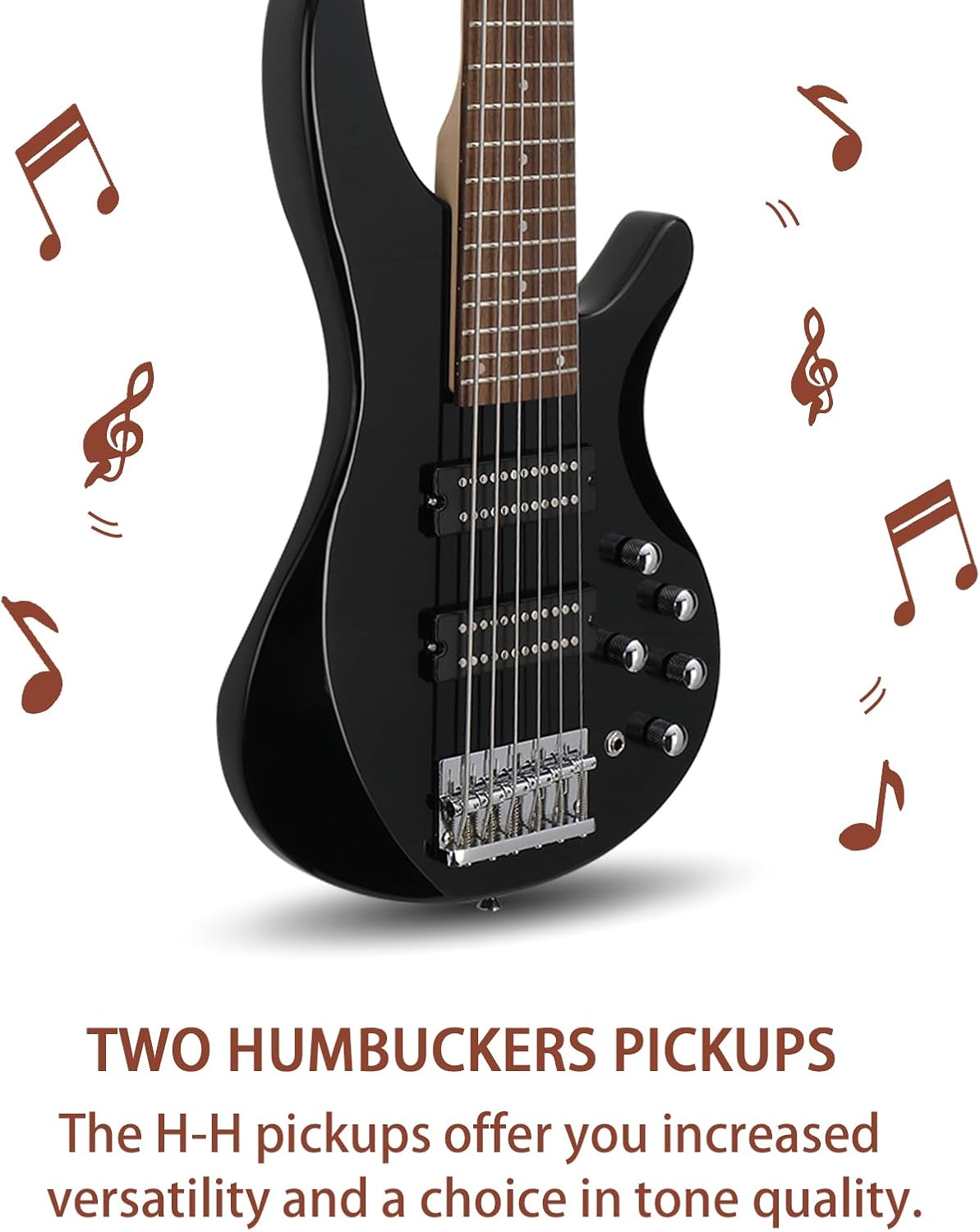 HarmonyStrings Bass Guitar 6 String Electric Bass Guitars, Beginner Bass Guitar with Professional H-H pickup, 3 Way Pickup Selector, Premium Cable, Unique Body Design for Beginner Black Upgraded
