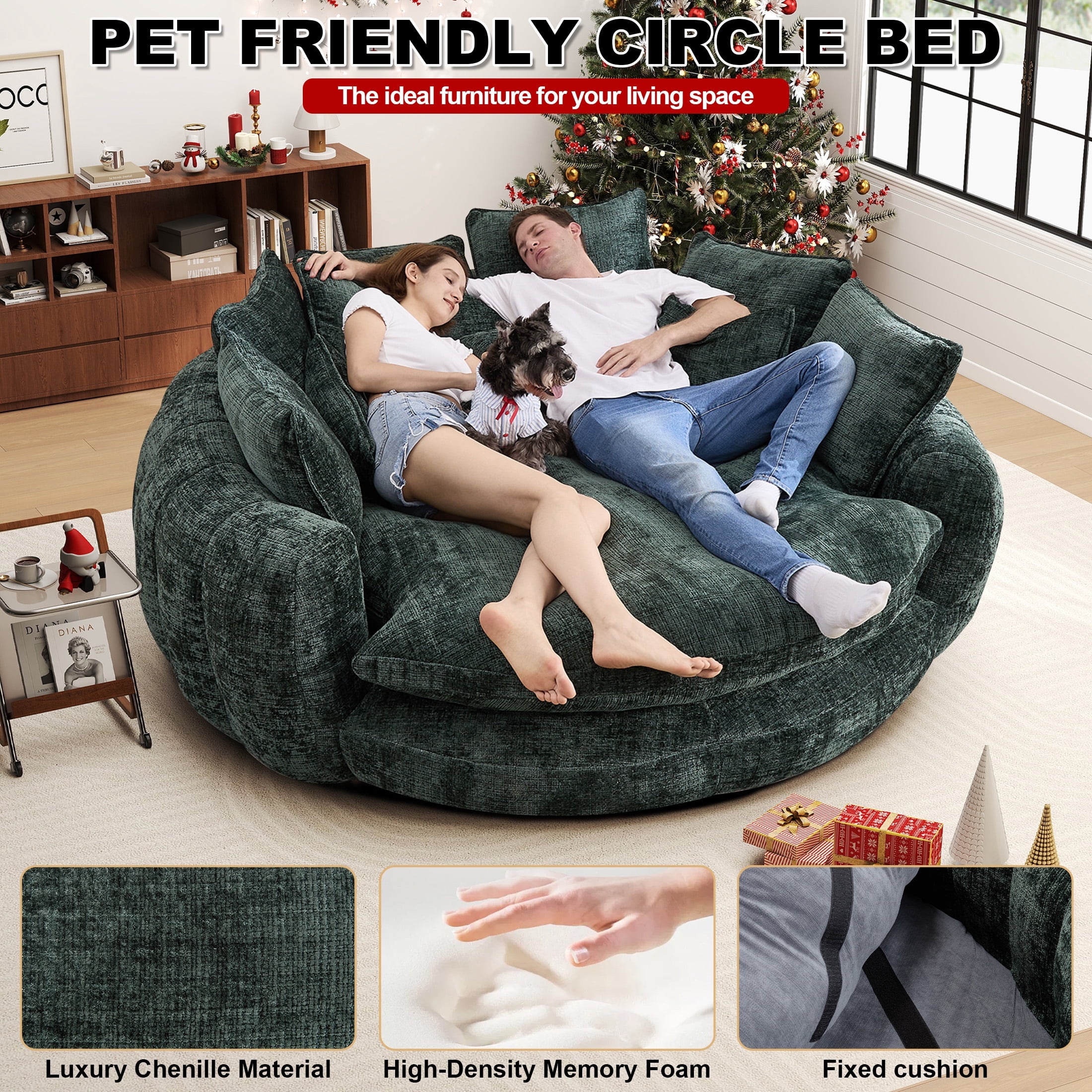 Aukfa 81.1" Oversized Cloud Couch Sleeper Sofa with Round Chaise Lounge, Modern Chenille Upholstered Boneless Sofa with Memory Foam and 14 Pillows, Emerald