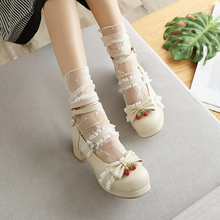 

CHAOLEI Big Girls Gorgeous Princess Shoes Lace Up Pu Material Bow Decorated Thick Heels High Heels Party Wedding Prom Shoes -White 10.5-11 Years