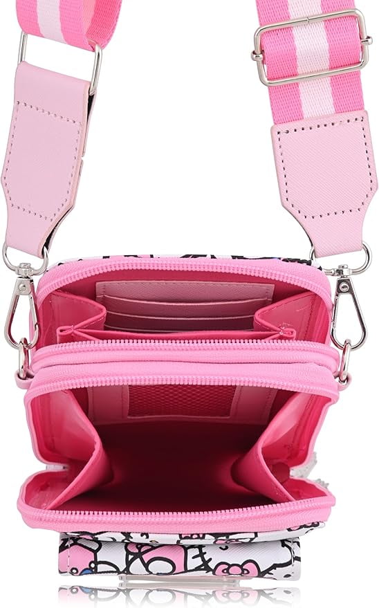 Hello Kitty PU Double Zipper Wallet Crossbody with Wide Strap