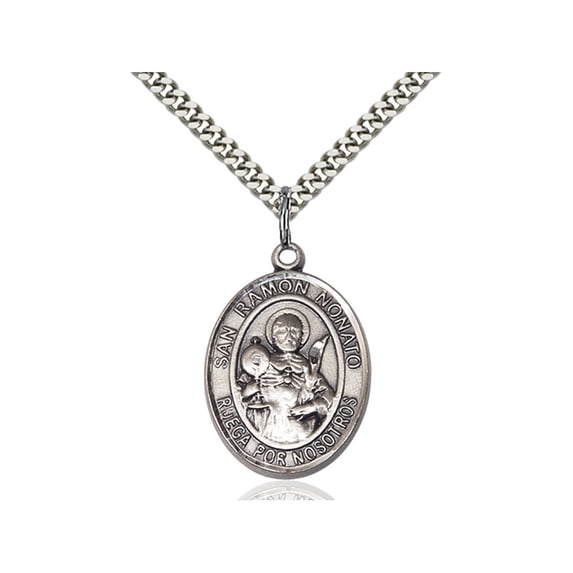 Sterling Silver San Raymon Nonato Pendant 1 x 3/4 inches with Heavy Curb Chain