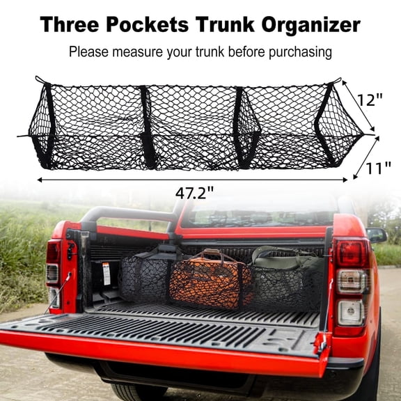 Cargo Net for Pickup Truck Bed 47" with 3 Pockets Truck Bed Organizer for Ford Chevy Silverado Dodge RAM GMC Toyota Nissan Honda