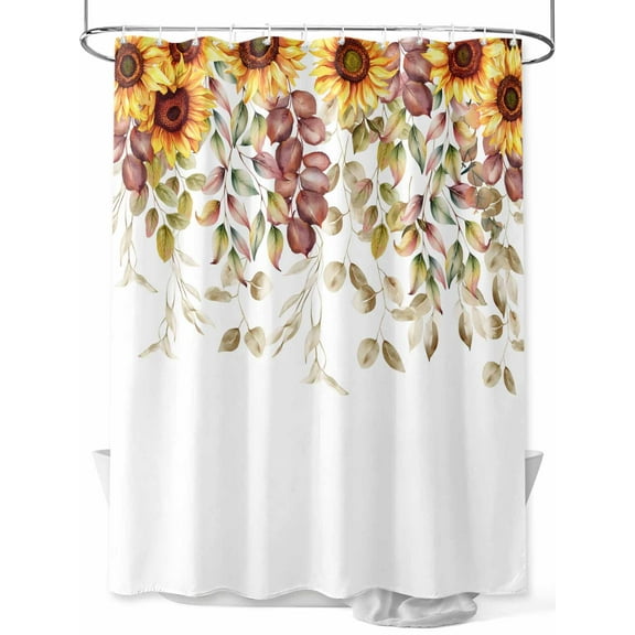 Yellow Fall Thanksgiving Shower Curtain, Sunflower Leaf Floral Print Bathroom Decor Curtains Set with Hooks, White Waterproof Fabric Home Accessories, Stall 36 X 72 Inch