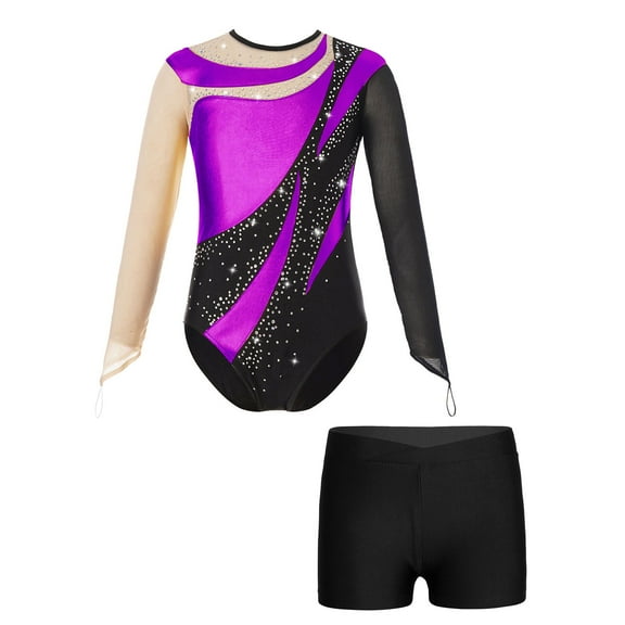LiiYii Girls Sparkly Rhinestones Mesh Long Sleeve Keyhole Back Gymnastic Ballet Dance Leotard with Purple&Black 12