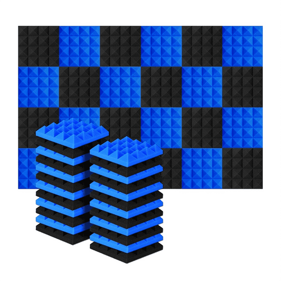 24Pcs 25X25X5Cm Studio Acoustic Soundproof Foam Pyramid Noise Insulation Sound Absorption Treatment Panels Black Blue