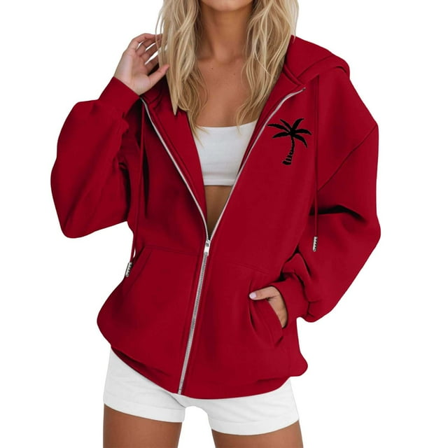 Aocisk Women Tree Graphic Casual Long Sleeve Drawstring Hooded Jacket Zip Up Hooded Sweatshirt Red M