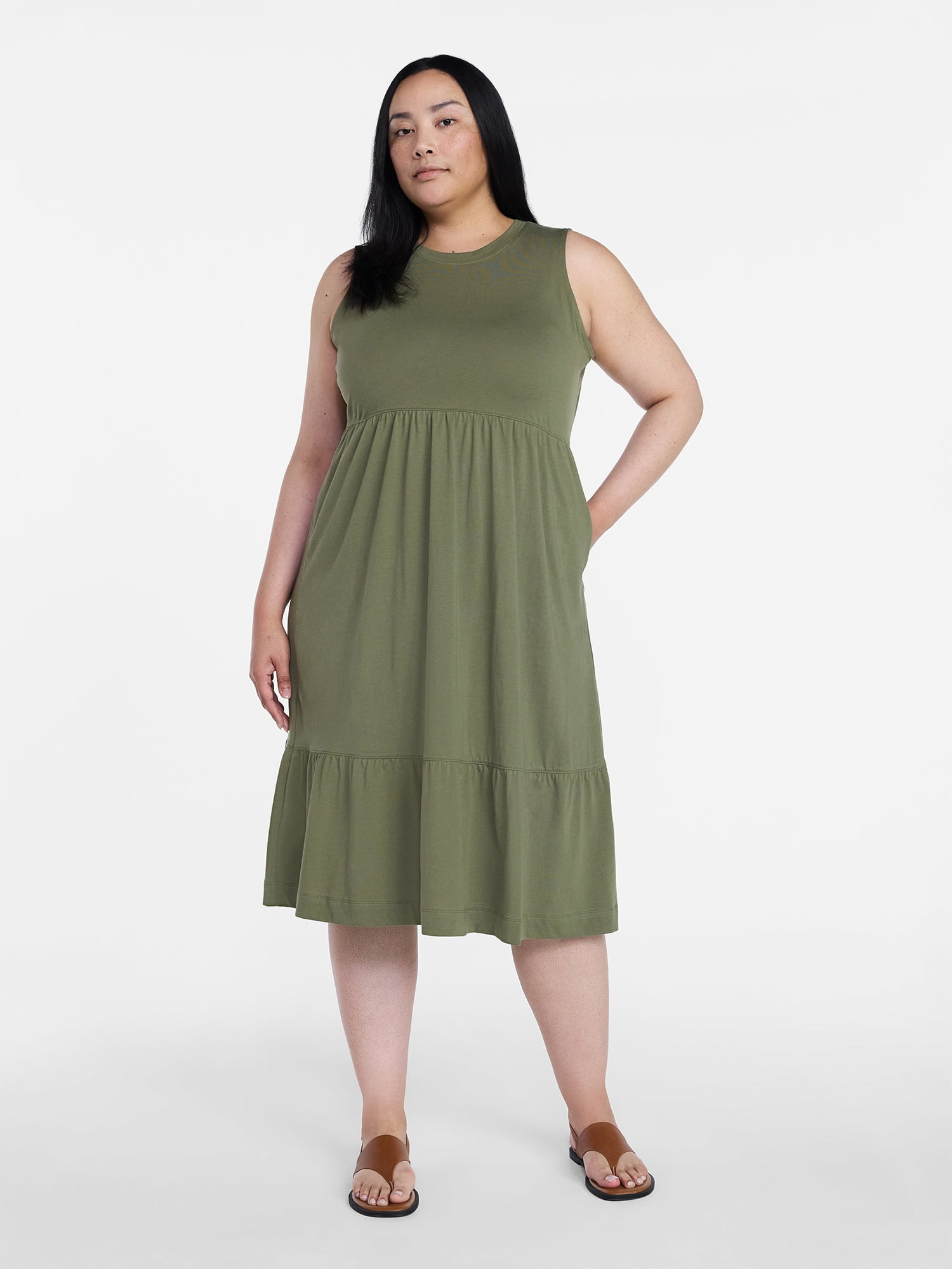 Time and Tru Women's Sleeveless Cotton Knit Tiered Midi Dress, Sizes XS-XXXL