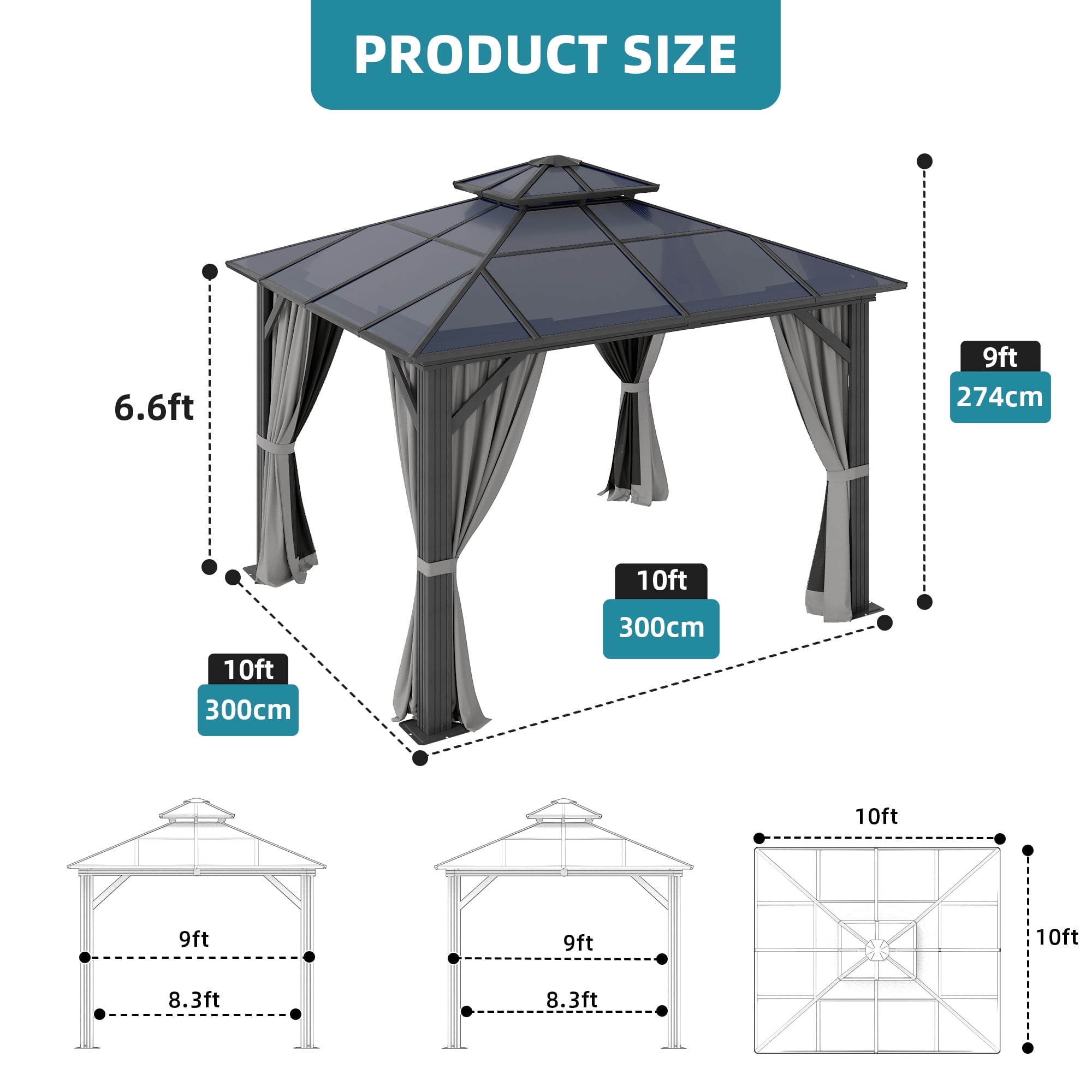 Dextrus 10' x 10' Hardtop Gazebo, Double Roof Polycarbonate Canopy, Outdoor Shelter with Mosquito Netting & Privacy Curtains, Heavy-Duty Metal Frame for Patio, Backyard, Deck and Lawn, Gray