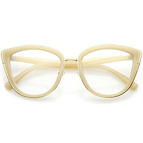 Oversize Rimmed Metal Cat Eye Glasses Clear Lens 55mm (Creme Gold / Clear)