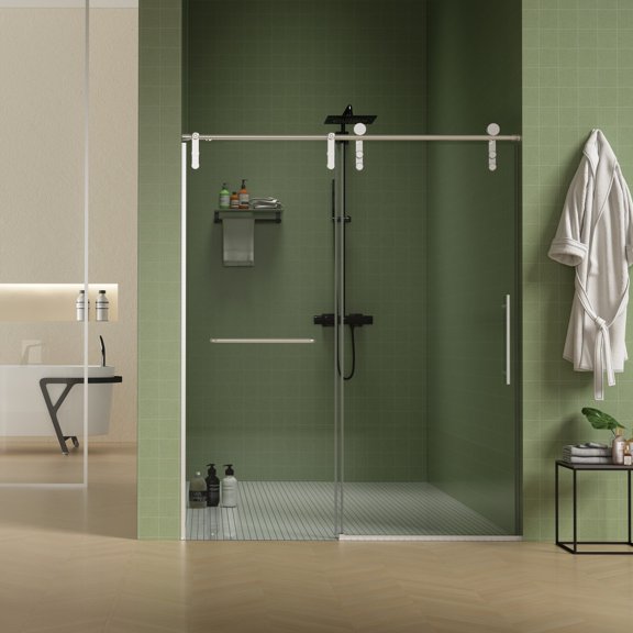 56"-60"W x 70"H Sliding Shower Door, Frameless Shower Door with Premium 5/16"(8mm) Thick Tempered Glass, Brushed Nickel Finished and Towel Bar, Water Repellent Shower Glass Door for Bathroom