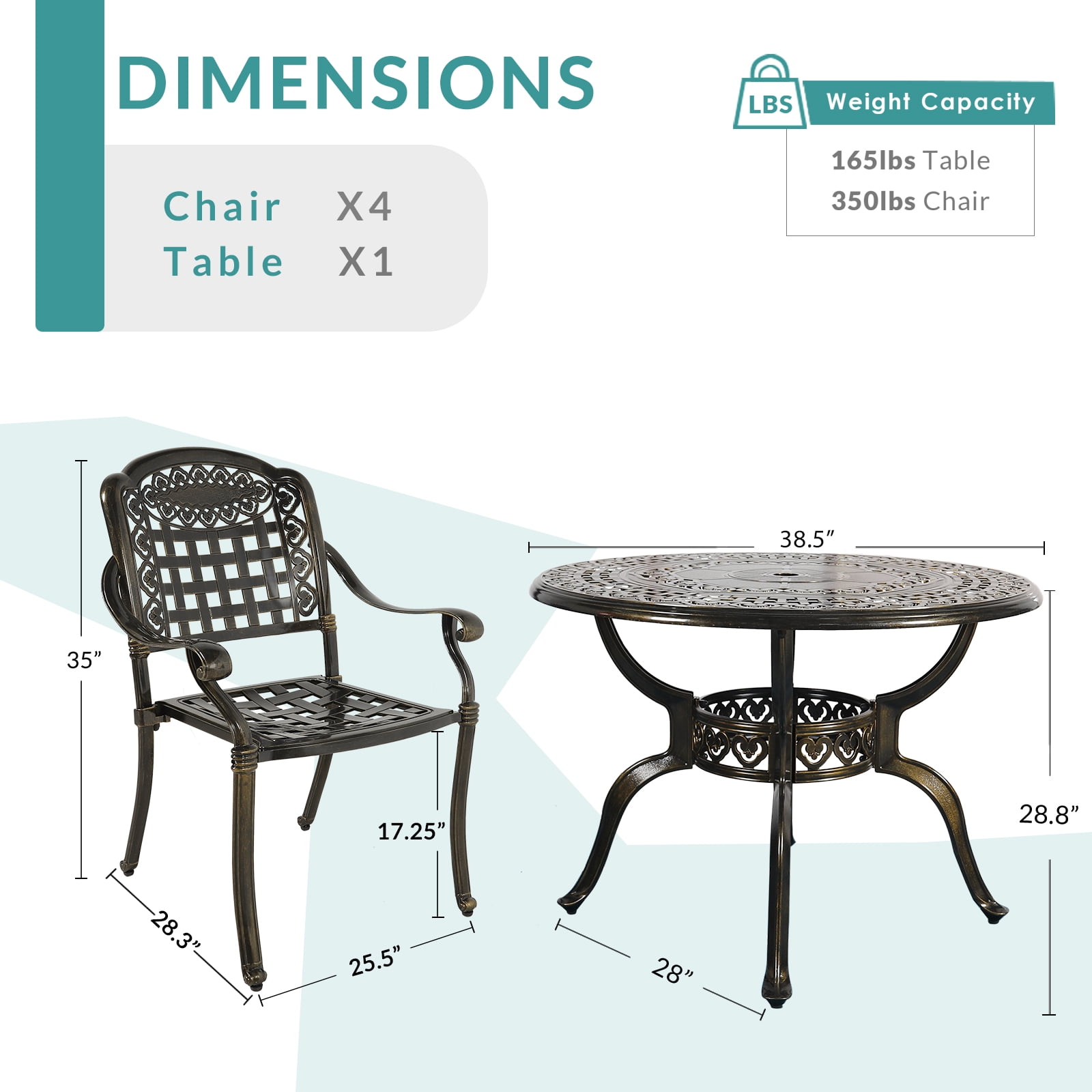 MEETWARM 5 Piece Patio Dining Set, Outdoor All-Weather Cast Aluminum Dining Table Set, Patio Furniture Set for Backyard Garden Deck, Include 4 Chairs and 1 Round Table with Umbrella Hole