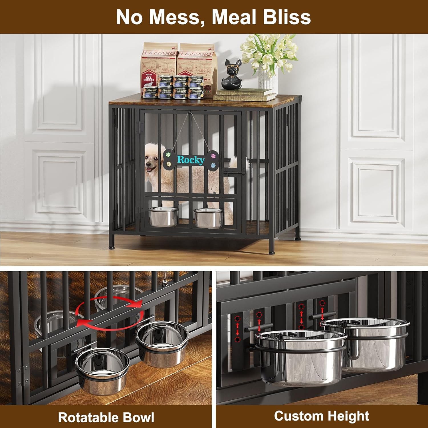 POAO 27" Dog Crate Furniture Foldable, No Assembly Decorative Dog Kennel Indoor with Adjustable Bowls and Name Tag,Small Size (Under 20 lb),Brown