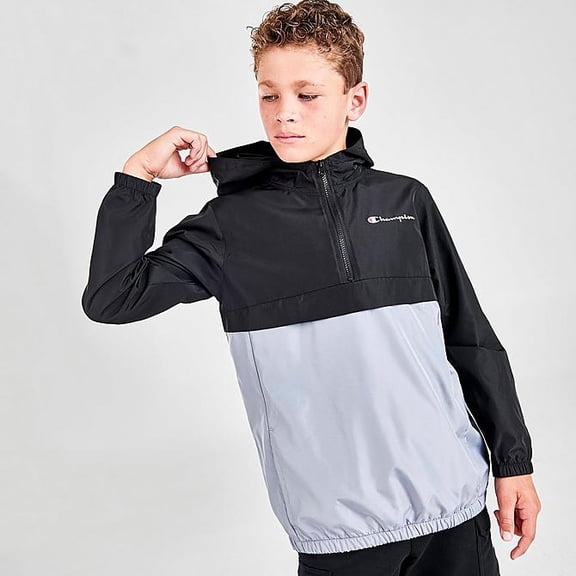 Champion Boys' Colorblock Half-Zip Pullover Hoodie (Black/Grey/Black, Large, L)