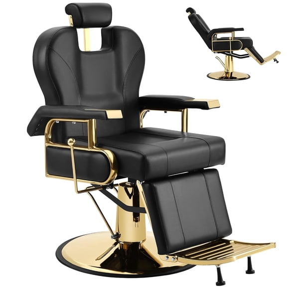 Barber Chairs for Barbershop, Black Gold Hydraulic Reclining Barbershop Chair, All Purpose Beauty Salon Tattoo Pedicure Armchair,360 Degree Swivel, Height Adjustable