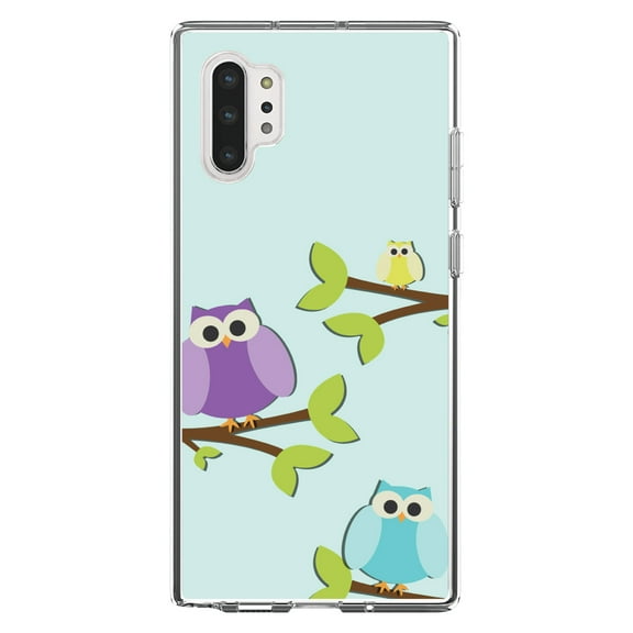 DistinctInk Clear Shockproof Hybrid Case for Galaxy Note 10 PLUS (6.8" Screen) - TPU Bumper, Acrylic Back, Tempered Glass Screen Protector - Blue Purple Yellow Owls - Cartoon Owls