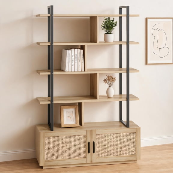 5‑Tier Rattan Standing Bookshelf, 71.1 Inch Wood And Metal Bookcase Featuring Storage Cabinet With Door And Open Display Shelves