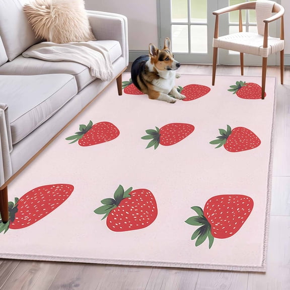 Strawberry Area Rug 4x6 Washable Rug Non Slip Watercolor Red Pink Summer Fruits Large Area Rug Indoor Floor Carpet for Entryway Bedroom Kitchen Living Room Home Office Dining Room Nursery