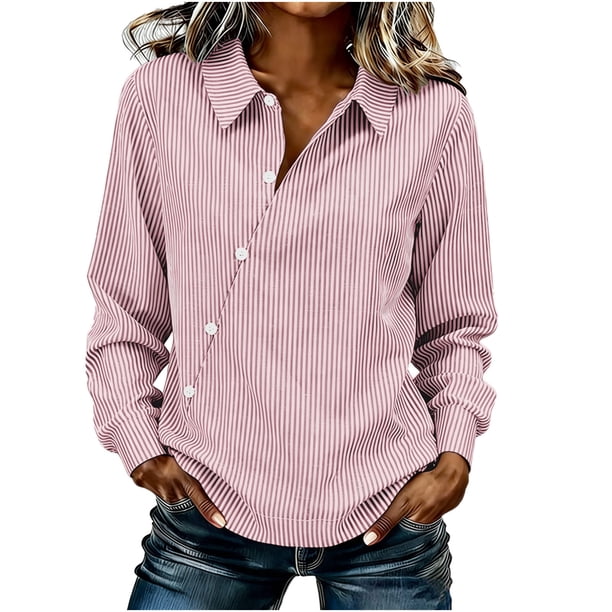 Camiseta de Solapa de Rayas Sueltas de Manga Larga de las Mujeres con Botón de Cuerda Elástica, Malla Estilo Superior