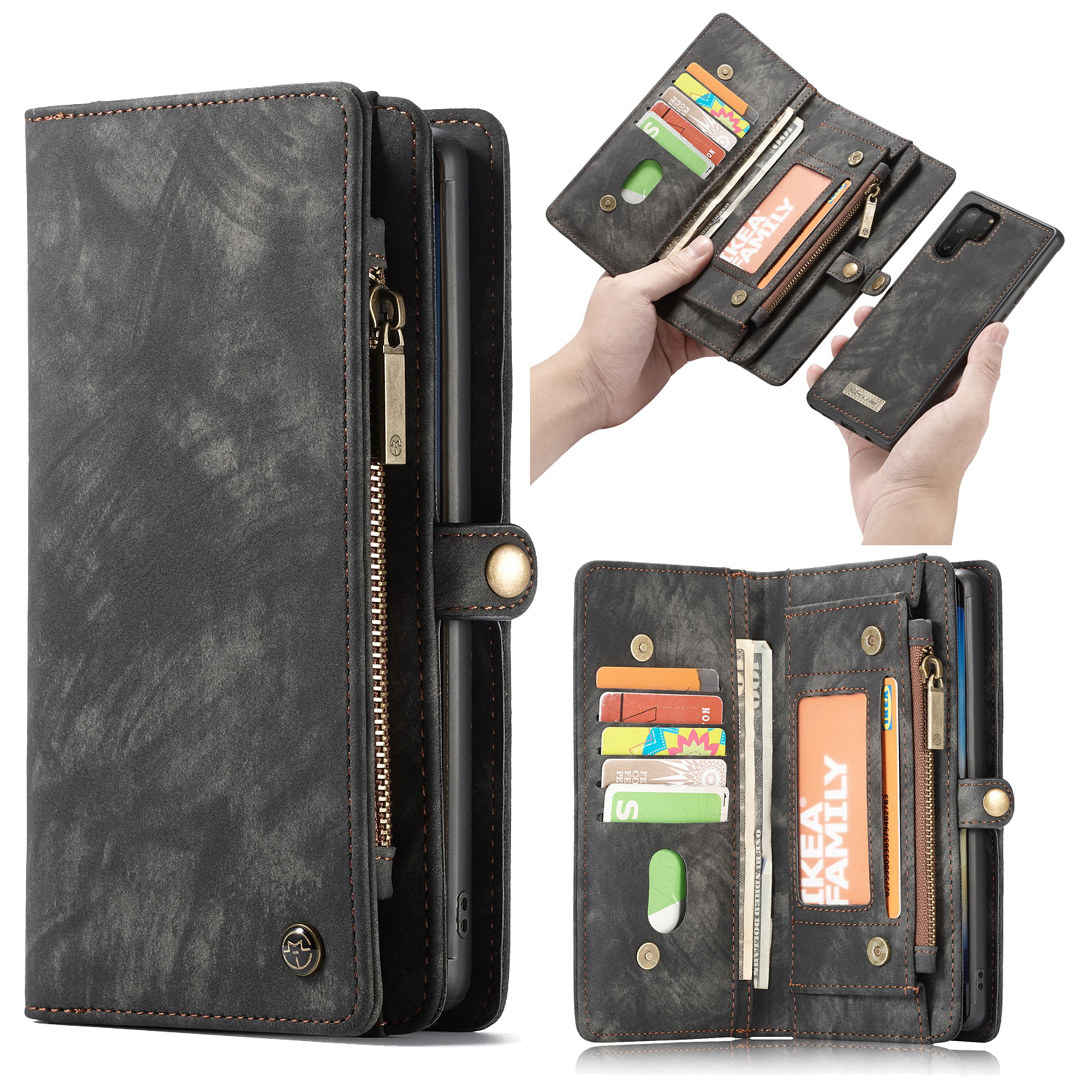 Samsung Galaxy Note 10 Plus Wallet Case, Dteck Leather Zipper Wallet Case  11 Card Slots Holder Flip Purse Magnetic Handle Strap Shockproof Detachable  