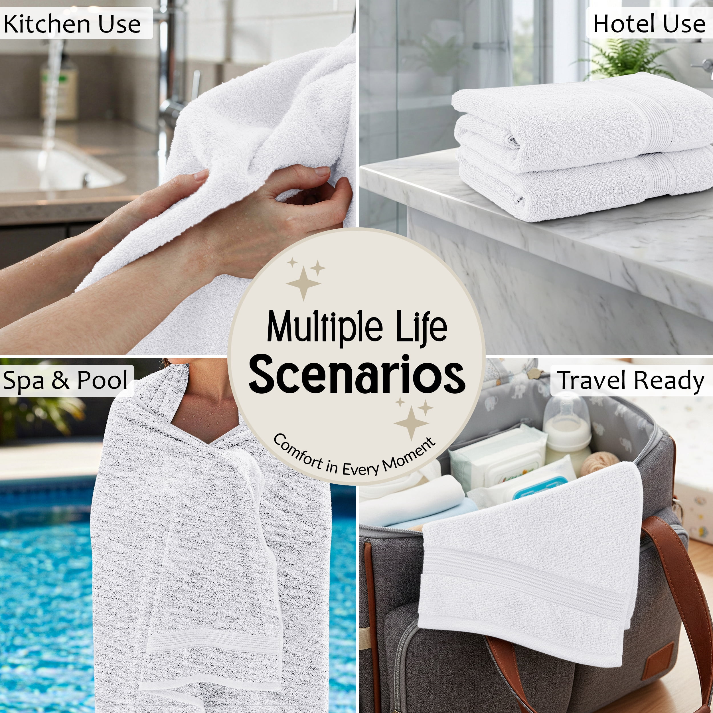 Lux Decor 6 Piece Bath Towel Set 525 GSM, 100% Cotton Towels for Bathroom, Spa & Hotels - Zero Twist 2 Large Bath Towels, 2 Hand Towels & 2 Washcloths – Quick Dry & Highly Absorbent - White