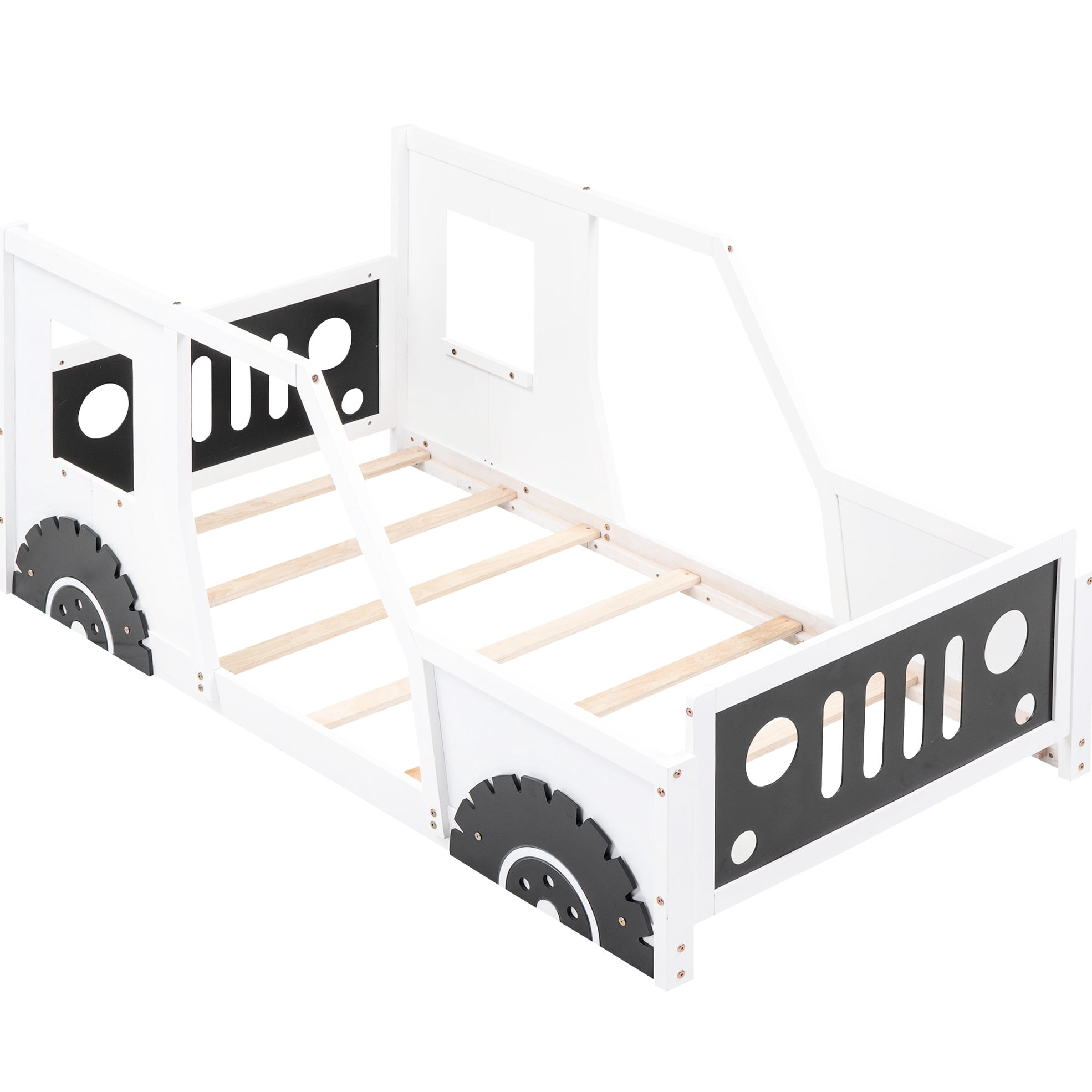 Twin Size Classic Car Bed With Wheels, White - Resilient Pine Wood And Frame For Bedroom Lure Platform Wheels Appeal