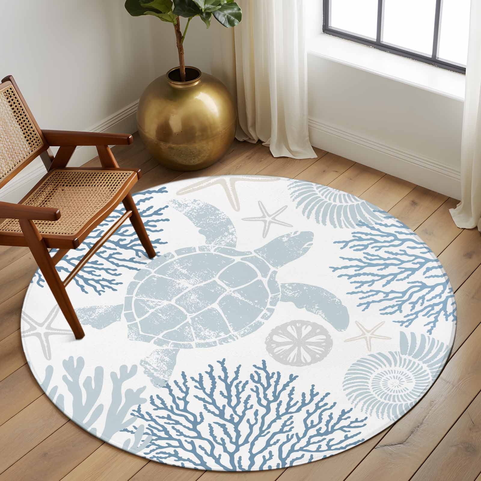Blue Sea Turtle Round Rugs 6ft, Coastal Coral Summer Beach Nautical Non Slip Washable Rug Runner, Low Pile Indoor Floor Carpet Mat Bathroom Rugs for Living Room, Bedroom, Kids Room