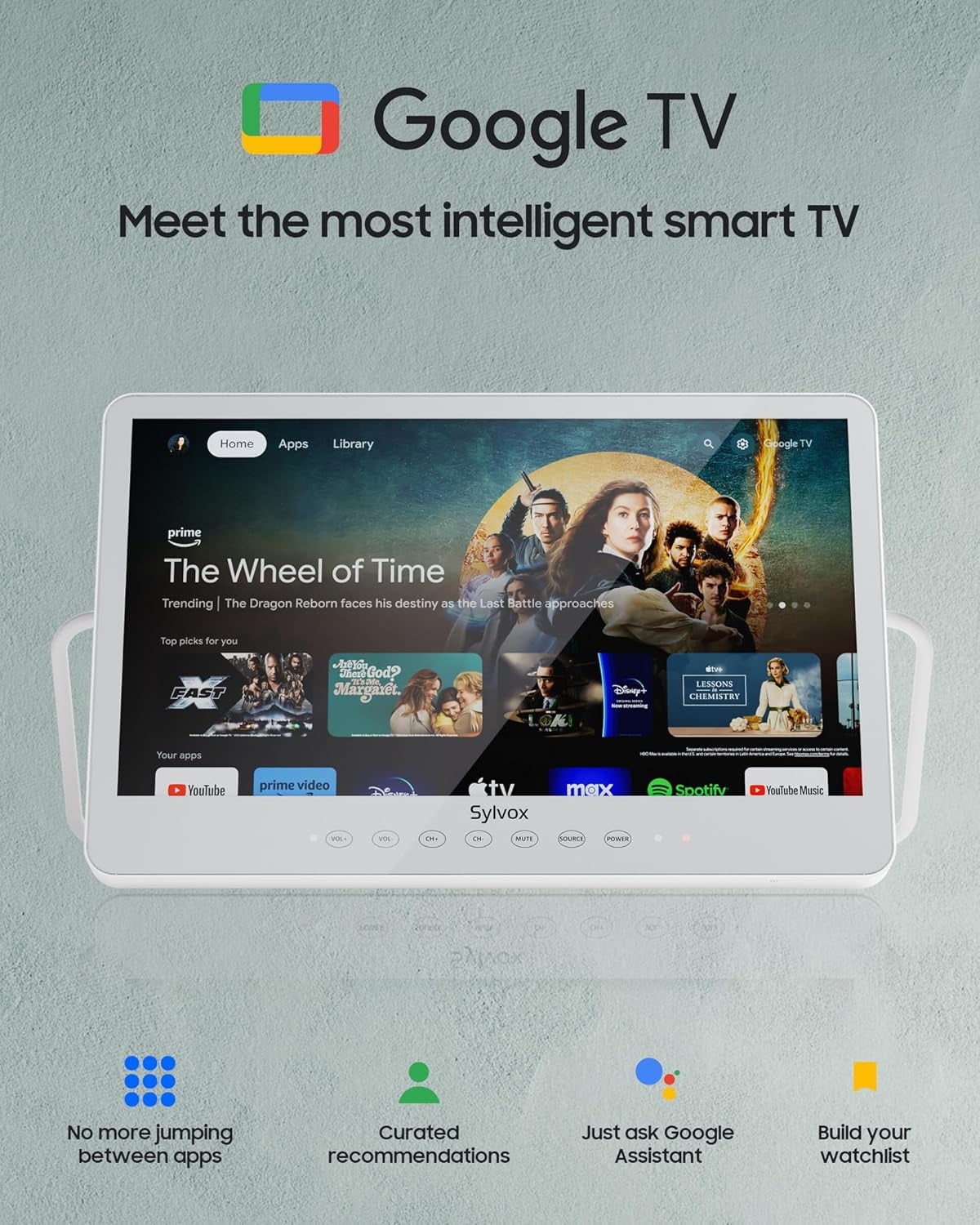 SYLVOX 15.6" Portable TV, 1080P Google TV with Rechargable Battery 6H/10000 mAh, IP66 Waterproof