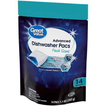 Great Value Advanced Dishwasher Pacs, Fresh Scent, 14 Count
