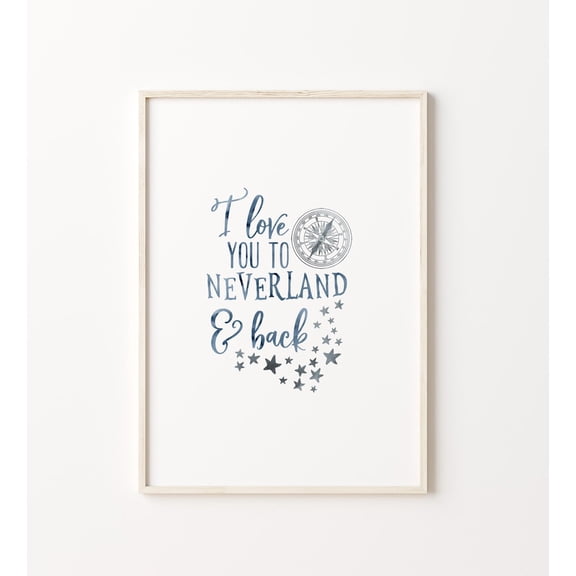 Peter Pan Nursery Quote Print, I Love You To Neverland Back, Blue,Gray Wall Art, Baby Boy Nursery Playroom Decor Home Decor UNFRAMED Poster, Wall Art for Decor, Present, 8x12