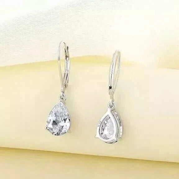 3Ct Pear Cut Lab Created Diamond Halo Women's Drop/Dangle Earrings 14K White Gold Plated