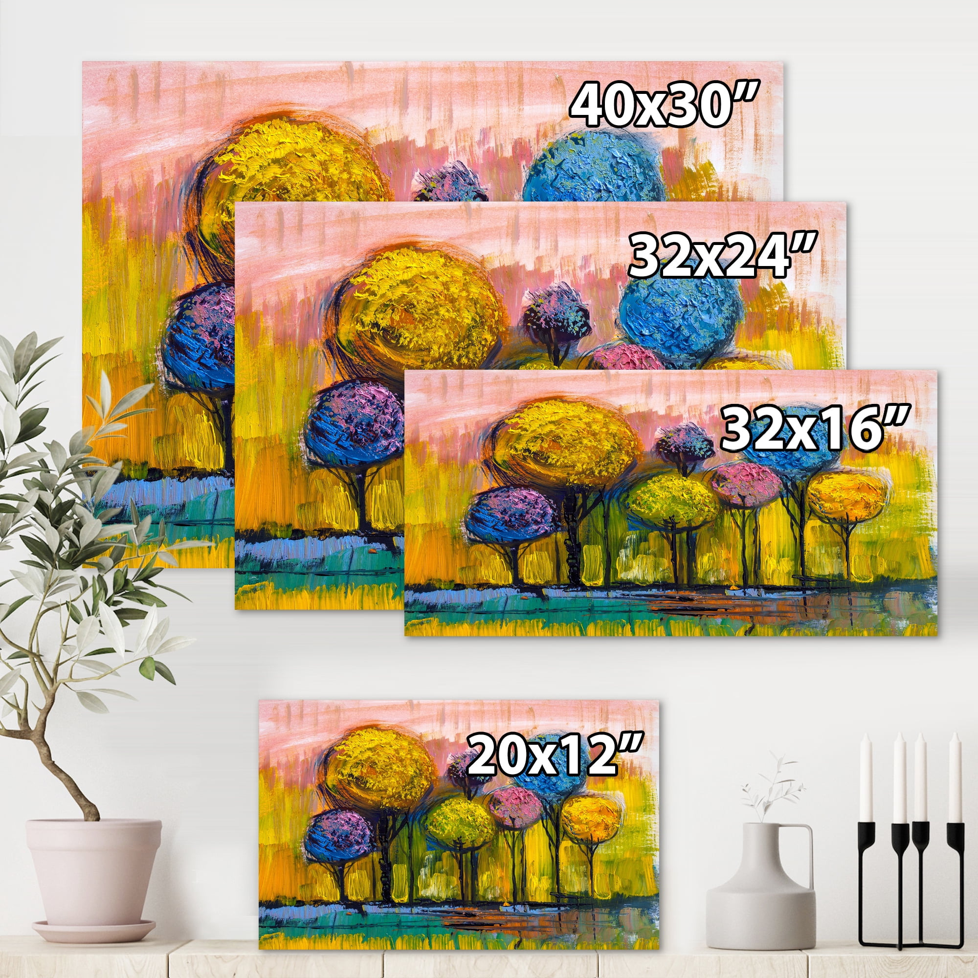 Designart ' Colourful Landscape Trees Impressionist IV ' Modern Canvas Wall Art Print