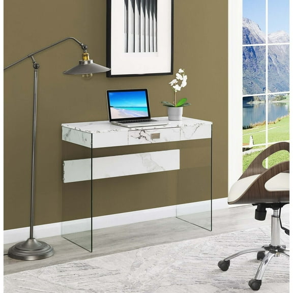 Glass Desk with Drawer - White Faux Marble Finish - Modern Home Office