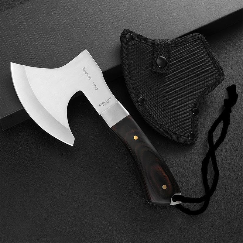 8.5" Camping Hatchet Axe with Nylon Sheath,Small Tomahawk Viking Forged High Carbon Steel for Full Tang Wooden Grip,Portable Outdoor Splitting Wood,Hunting Survival