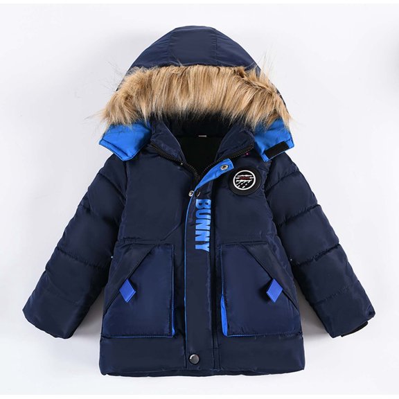 VKOYWKM Toddler Boys Winter Coats Faux Fur Hooded Warm Quilted Puffer Jacket Long Sleeve Parka Jacket Thicken Down Jacket with Pockets
