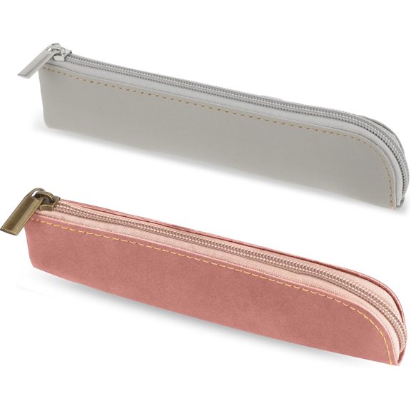 Leather Pencil Pouch,Happon 2 Pcs Small Pencil Case,Vintage Pencil Organizer with Zipper,Portable Stationery Pouch Bag for Pens, Markers, Makeups, Change, Coins, Slim Design (Pink & Grey)