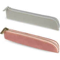 Leather Pencil Pouch,Happon 2 Pcs Small Pencil Case,Vintage Pencil Organizer with Zipper,Portable Stationery Pouch Bag for Pens, Markers, Makeups, Change, Coins, Slim Design (Pink & Grey)