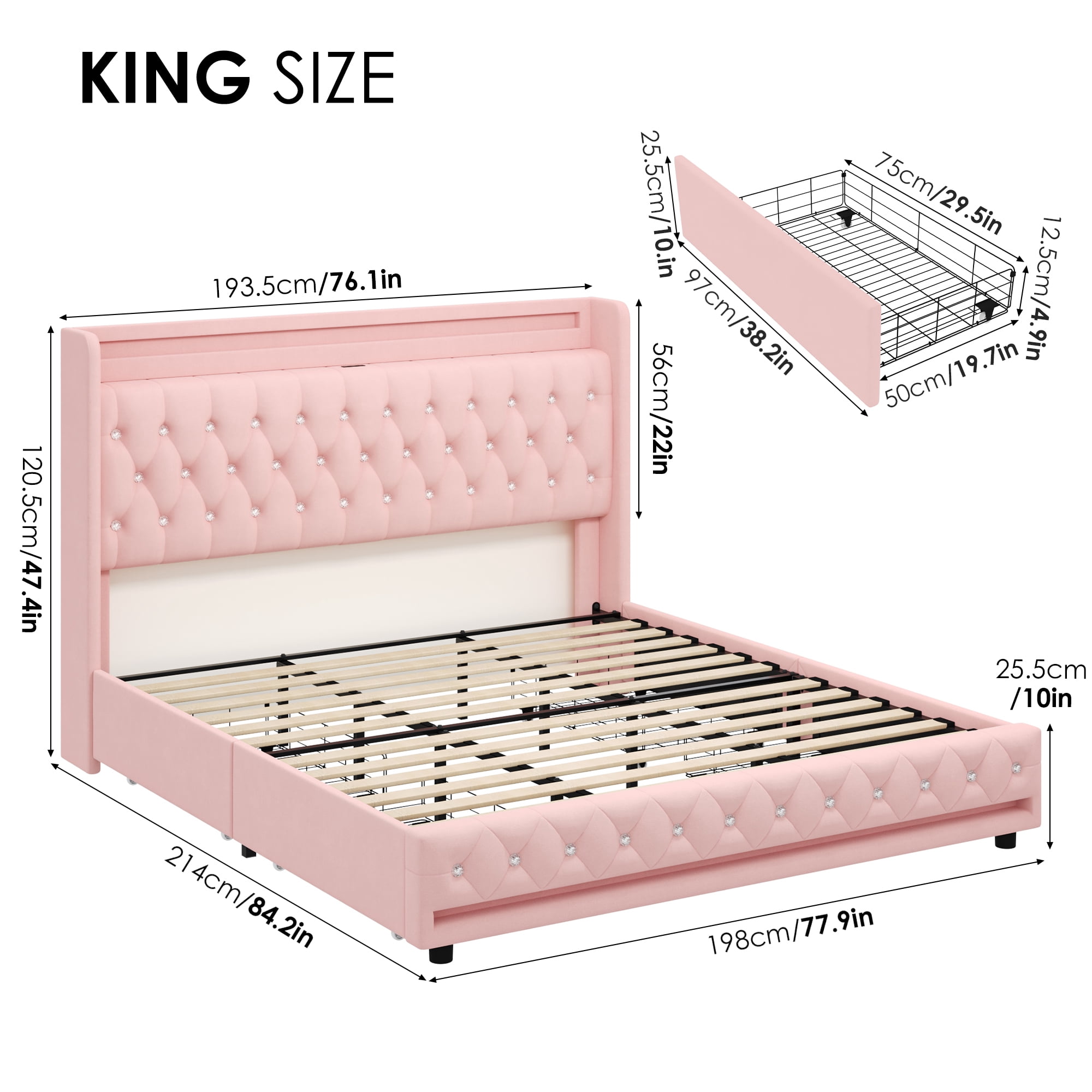 Homfa King Size LED Bed Frame with 4 Storage Drawers, Modern Wingback Crystal Button Tufted Upholstered Platform Bed Frame with Outlets and USB Ports & Display Platform, Pink