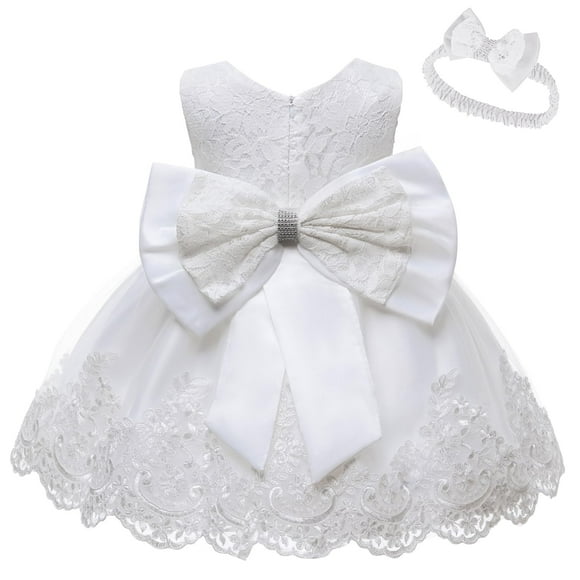 Vestido LZH para Niña Pequeña Princesa con Flor y Lazo Grande Blanco 6M