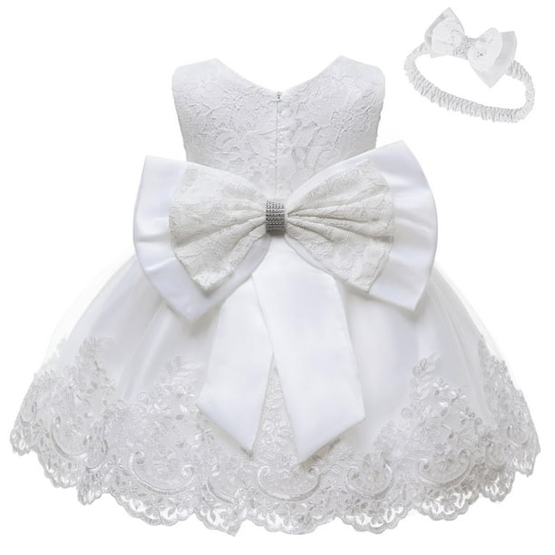 Vestido LZH para Niña Pequeña Princesa con Flor y Lazo Grande Blanco 6M