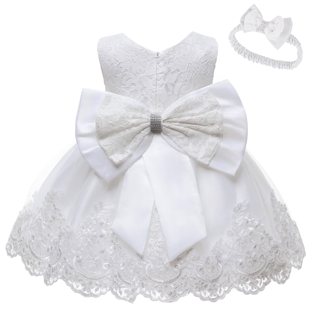 Vestido LZH para Niña Pequeña Princesa con Flor y Lazo Grande Blanco 6M