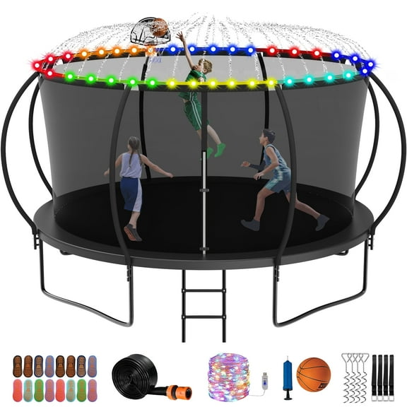 Jump Into Fun 12FT Trampoline 1200LBS for 6 Kids and Adults, Galvanized Anti-Rust Coating Pumpkin Outdoor Trampolines with Enclosure Net and Basketball Hoop, Lights, Sprinkler, Gift Family Use