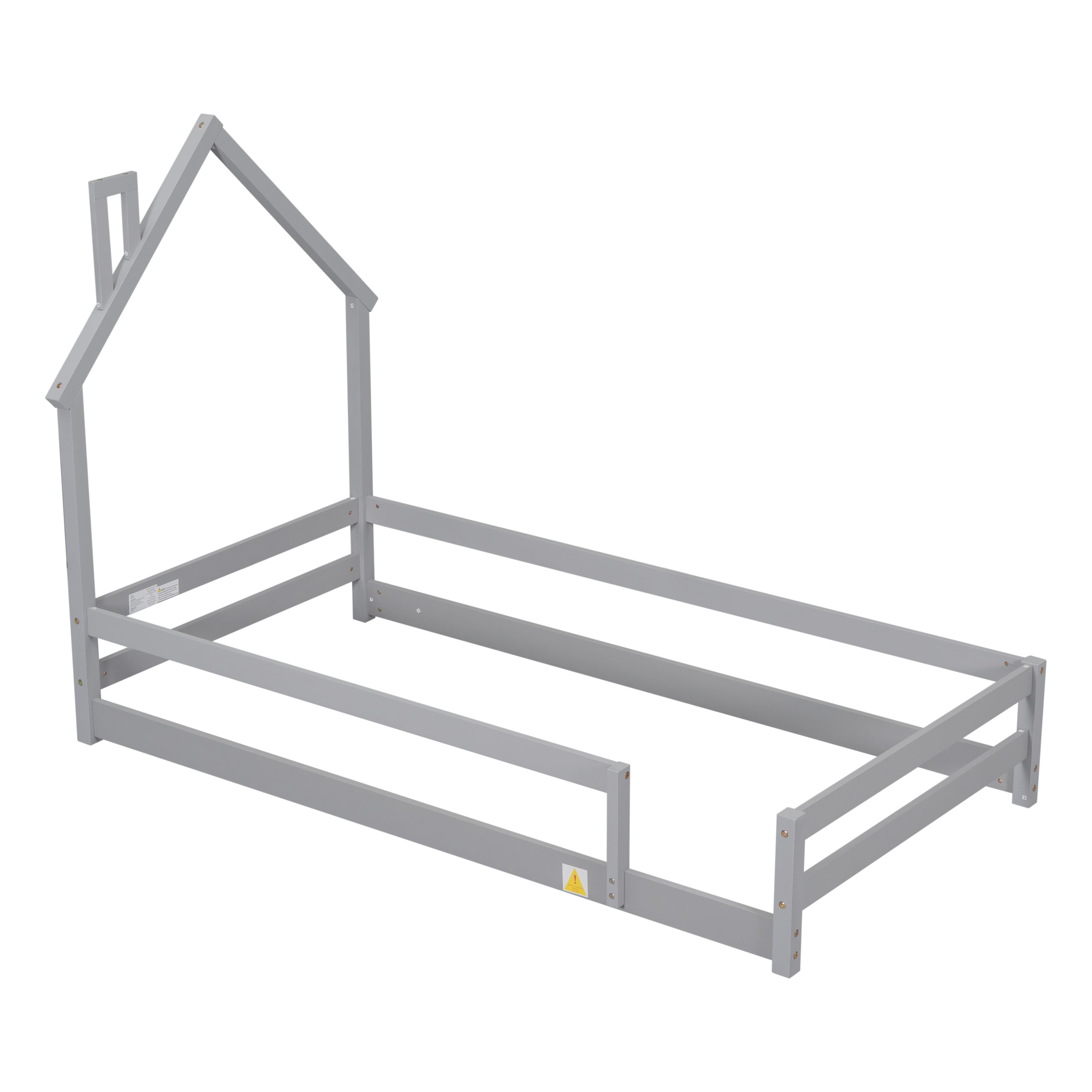 Euroco Twin Size House Bed, Low Profile Floor Bed with Chimney, Gray