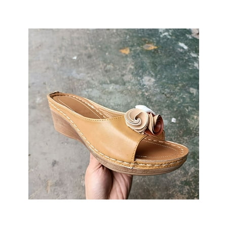 

UKAP Women Sandal Flower Wedge Sandals Beach Slippers Non-Slip Summer Slides Ladies Shoes Platform Vintage Apricot Color 5.5