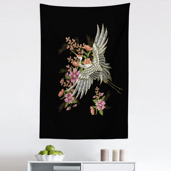 Flowers Tapestry, Japanese Traditional Design Crane Open Wings on Blossoming Spring Flowers, Fabric Wall Hanging Decor for Bedroom Living Room Dorm, 5 Sizes, Black and Multicolor, by Ambesonne