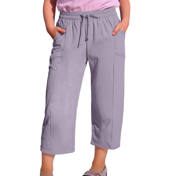 TIREOW Girls Casual Capri Pants Cotton Linen Solid Color Loose Fit Elastic Waistband Trousers Fashionable 3/4 Length Drawstring Pants