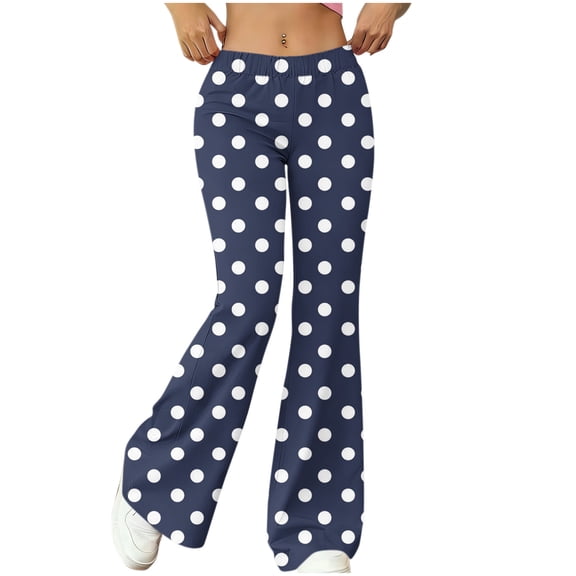 Costeam Womens Polka Dot Printed Flare Wide Leg Pants Casual Athletic Yoga Style Side Pockets Elastic Waist Relaxed Loose Fit Stretch Breathable Fabric Full Length Fitness Leisure Trousers