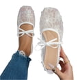 thumbnail image 2 of QWKLEAJ Women’s Sheer Lace Floral Ballet Flats, Bow Strap Square Toe Mary Jane Flat Slip On Casual Dress Shoes for Wedding Party Daily Walking White 9, 2 of 6