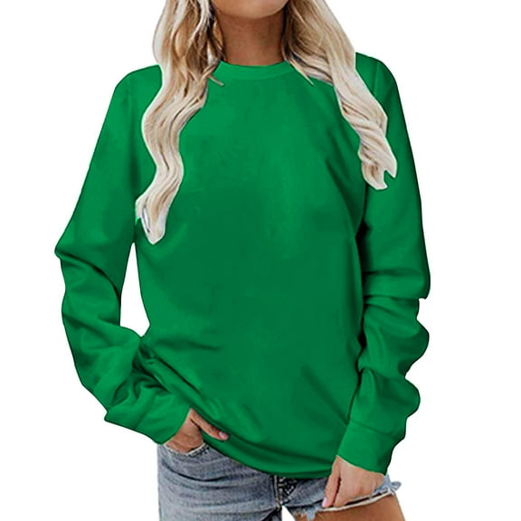 Odeerbi Solid Color Sweatshirt for Women Long Sleeves Casual Solid Color Crewneck Pullover Sweatshirt Tunic Tops Green