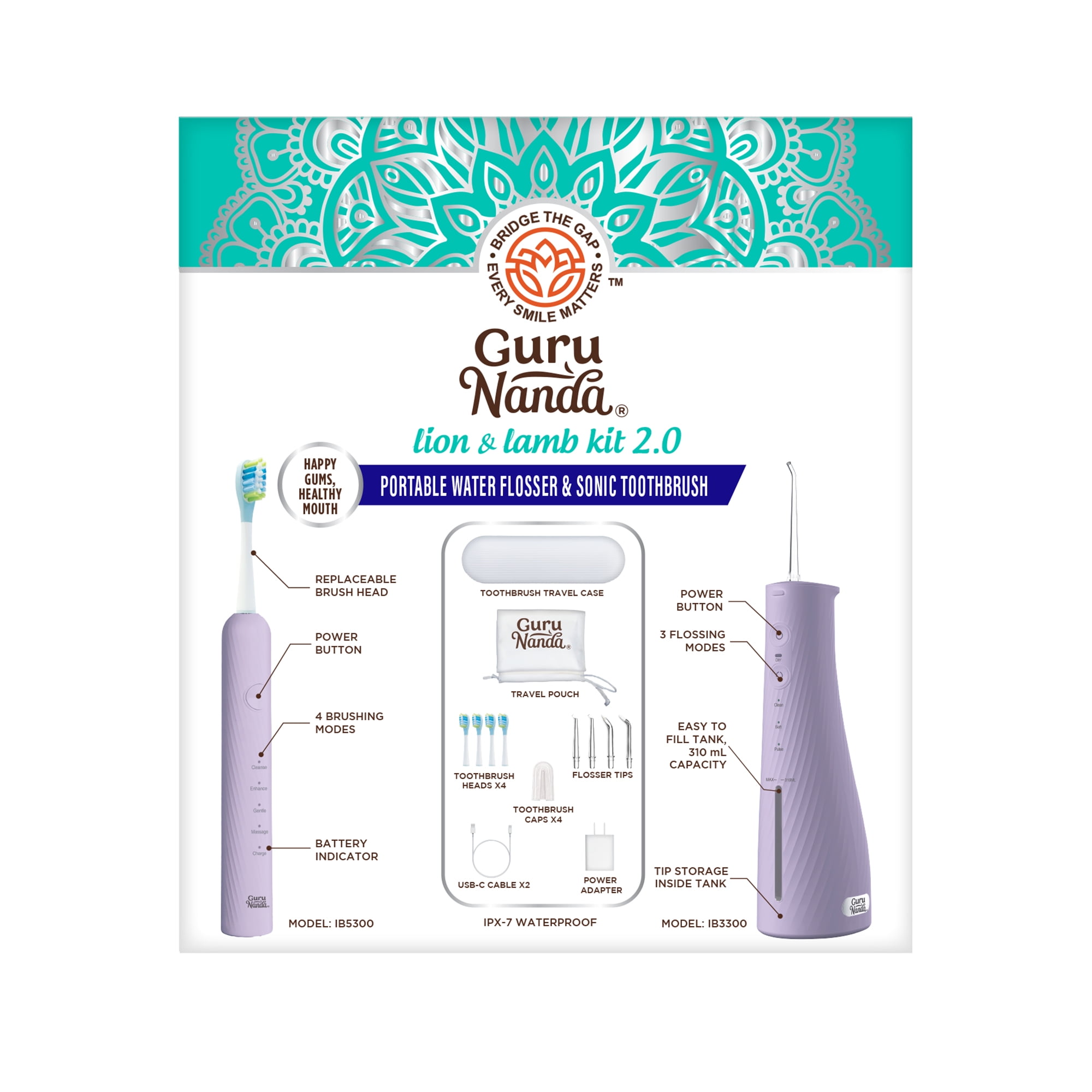 GuruNanda Lion & Lamb Kit 2.0 Electric Toothbrush with Water Flosser, 4 Jet Tips, 4 Brush Heads,Lavender